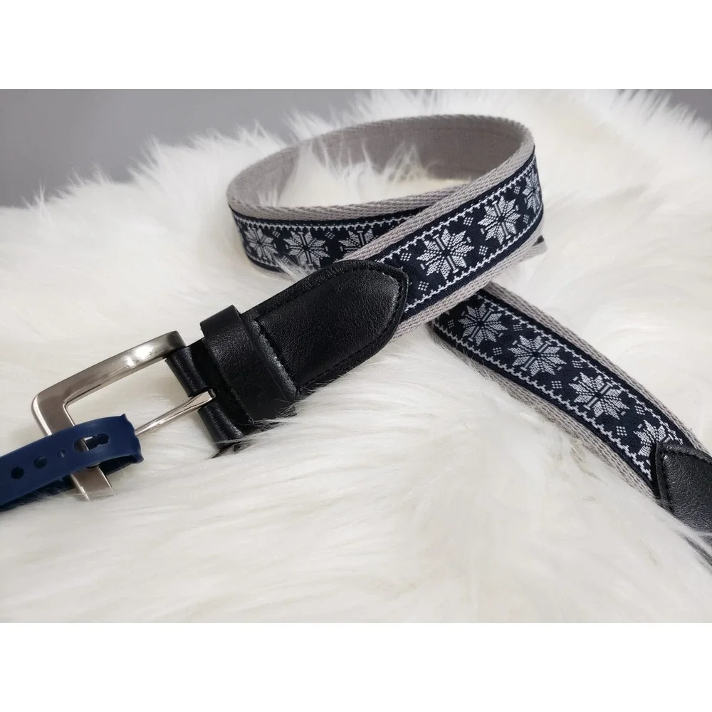 NEW Club Room Men's Faux Leather Holiday Cheer Belt‎ Fair Isle print snowflake